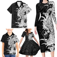 Hawaiian And Japanese Culture Family Matching Long Sleeve Bodycon Dress and Hawaiian Shirt Irezumi Dragon With Polynesian Pattern Black - Polynesian Pride