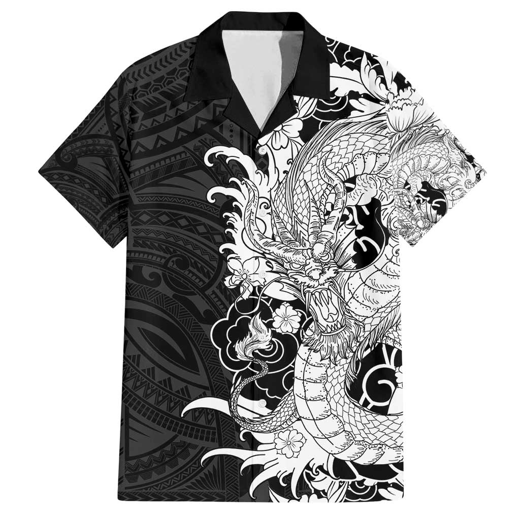 Hawaiian And Japanese Culture Family Matching Long Sleeve Bodycon Dress and Hawaiian Shirt Irezumi Dragon With Polynesian Pattern Black - Polynesian Pride