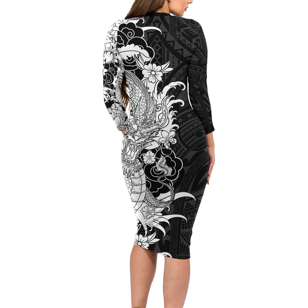 Hawaiian And Japanese Culture Family Matching Long Sleeve Bodycon Dress and Hawaiian Shirt Irezumi Dragon With Polynesian Pattern Black - Polynesian Pride