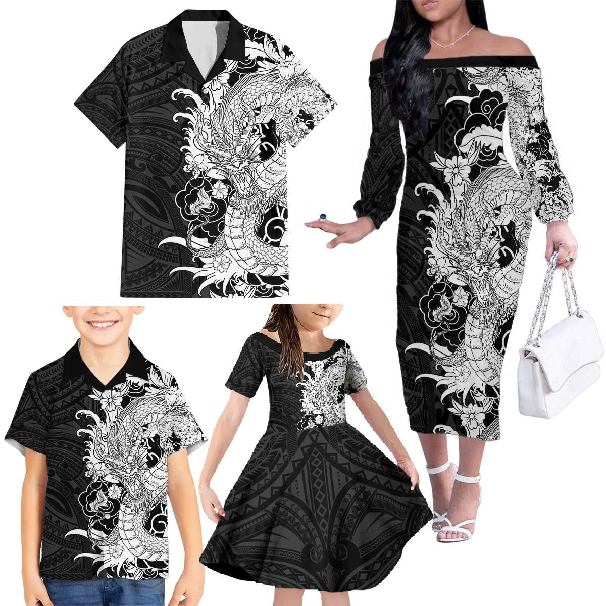 Hawaiian And Japanese Culture Family Matching Off The Shoulder Long Sleeve Dress and Hawaiian Shirt Irezumi Dragon With Polynesian Pattern Black - Polynesian Pride