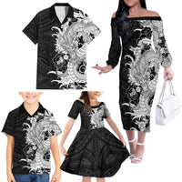 Hawaiian And Japanese Culture Family Matching Off The Shoulder Long Sleeve Dress and Hawaiian Shirt Irezumi Dragon With Polynesian Pattern Black - Polynesian Pride