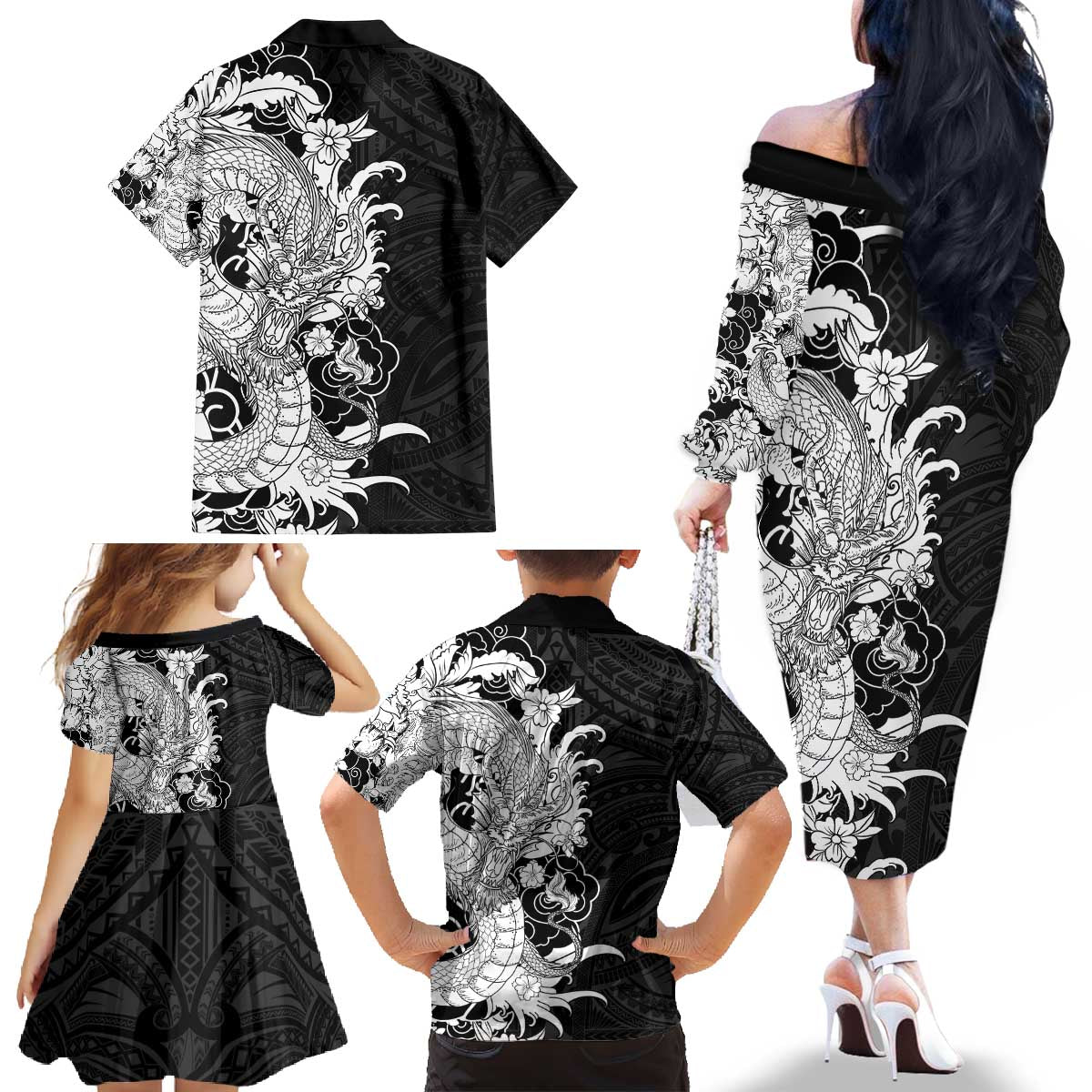 Hawaiian And Japanese Culture Family Matching Off The Shoulder Long Sleeve Dress and Hawaiian Shirt Irezumi Dragon With Polynesian Pattern Black - Polynesian Pride