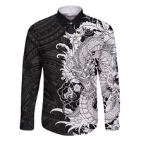 Hawaiian And Japanese Culture Family Matching Off The Shoulder Long Sleeve Dress and Hawaiian Shirt Irezumi Dragon With Polynesian Pattern Black - Polynesian Pride