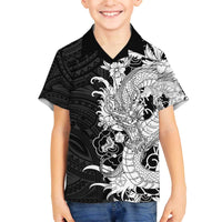 Hawaiian And Japanese Culture Family Matching Off The Shoulder Long Sleeve Dress and Hawaiian Shirt Irezumi Dragon With Polynesian Pattern Black - Polynesian Pride