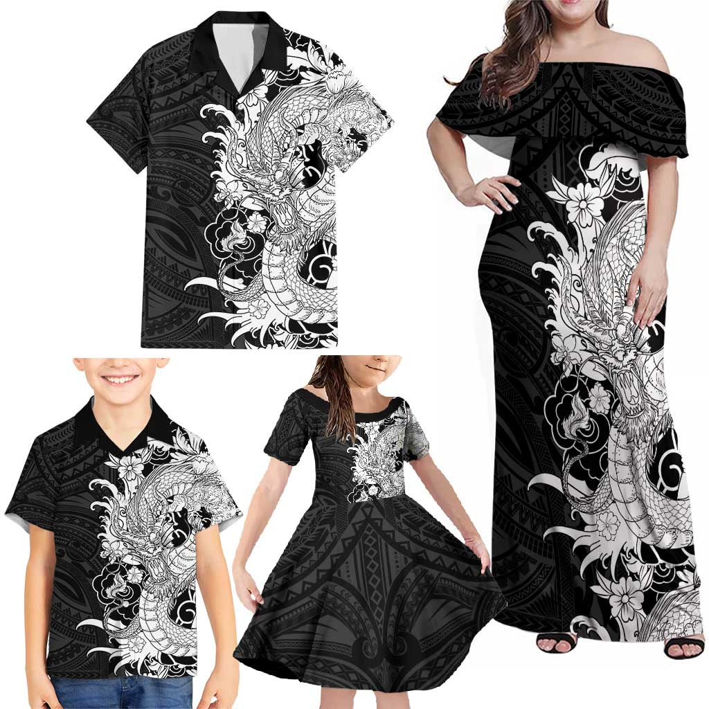 Hawaiian And Japanese Culture Family Matching Off Shoulder Maxi Dress and Hawaiian Shirt Irezumi Dragon With Polynesian Pattern Black - Polynesian Pride
