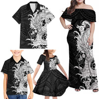 Hawaiian And Japanese Culture Family Matching Off Shoulder Maxi Dress and Hawaiian Shirt Irezumi Dragon With Polynesian Pattern Black - Polynesian Pride