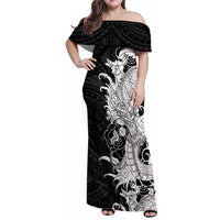 Hawaiian And Japanese Culture Family Matching Off Shoulder Maxi Dress and Hawaiian Shirt Irezumi Dragon With Polynesian Pattern Black - Polynesian Pride