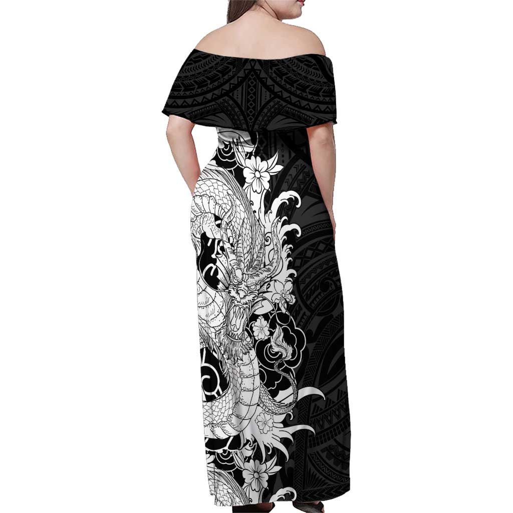 Hawaiian And Japanese Culture Family Matching Off Shoulder Maxi Dress and Hawaiian Shirt Irezumi Dragon With Polynesian Pattern Black - Polynesian Pride