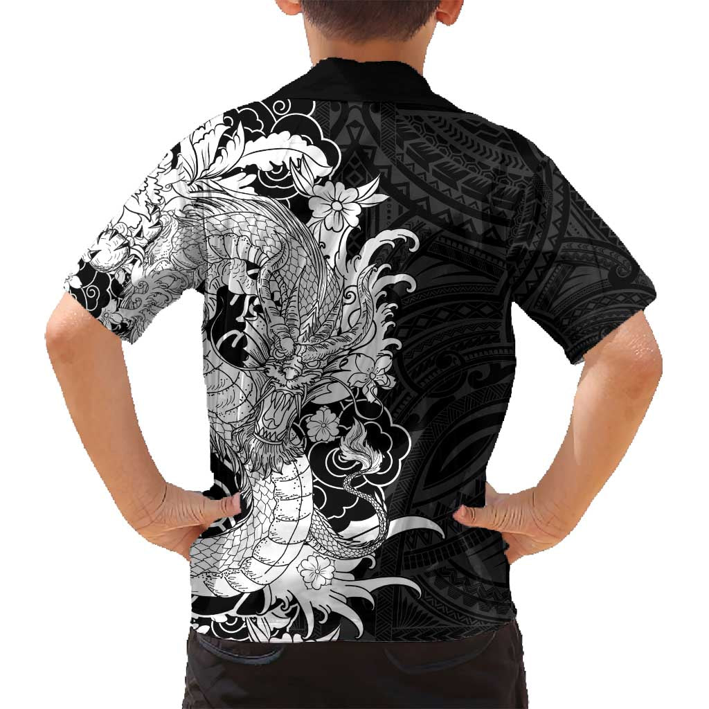 Hawaiian And Japanese Culture Family Matching Off Shoulder Short Dress and Hawaiian Shirt Irezumi Dragon With Polynesian Pattern Black - Polynesian Pride