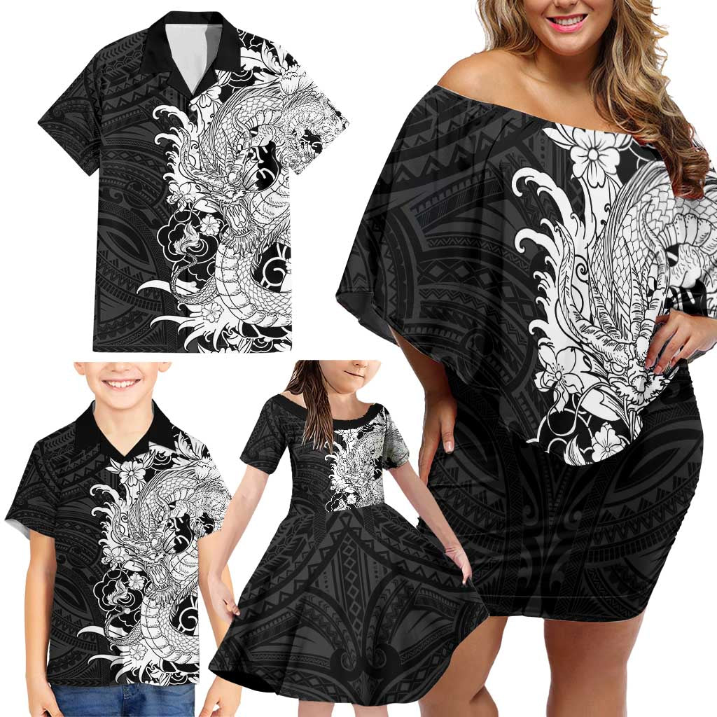Hawaiian And Japanese Culture Family Matching Off Shoulder Short Dress and Hawaiian Shirt Irezumi Dragon With Polynesian Pattern Black - Polynesian Pride