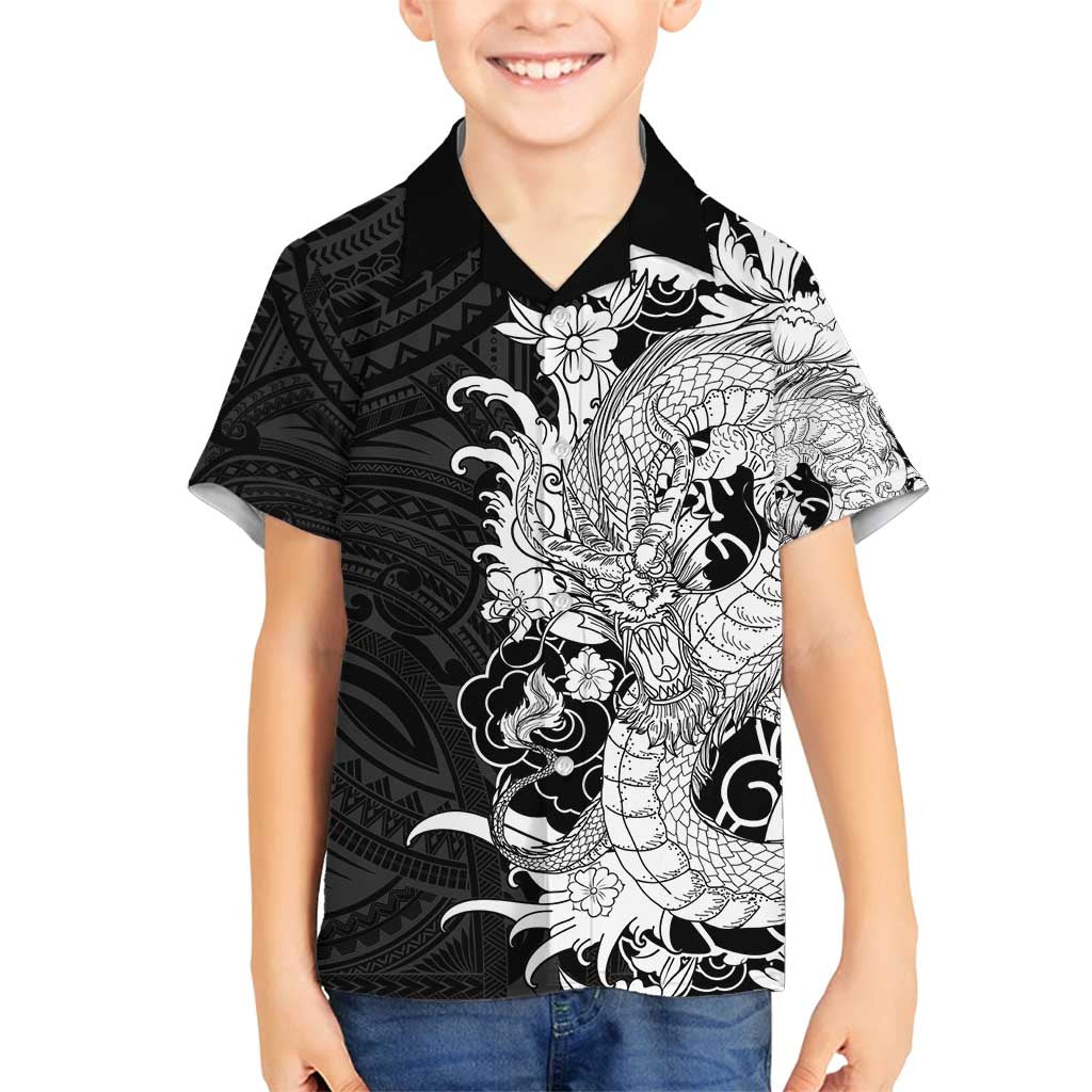 Hawaiian And Japanese Culture Family Matching Off Shoulder Short Dress and Hawaiian Shirt Irezumi Dragon With Polynesian Pattern Black - Polynesian Pride