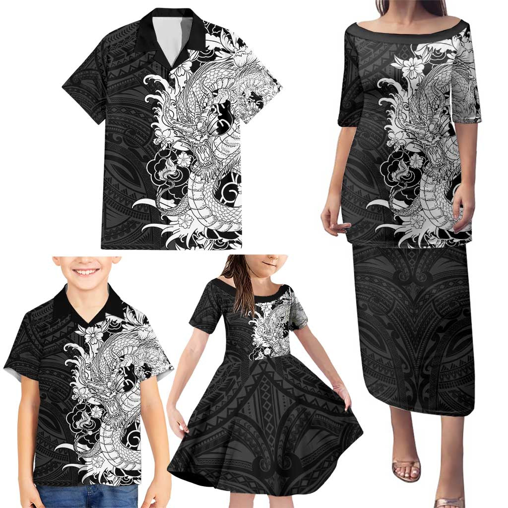Hawaiian And Japanese Culture Family Matching Puletasi and Hawaiian Shirt Irezumi Dragon With Polynesian Pattern Black - Polynesian Pride
