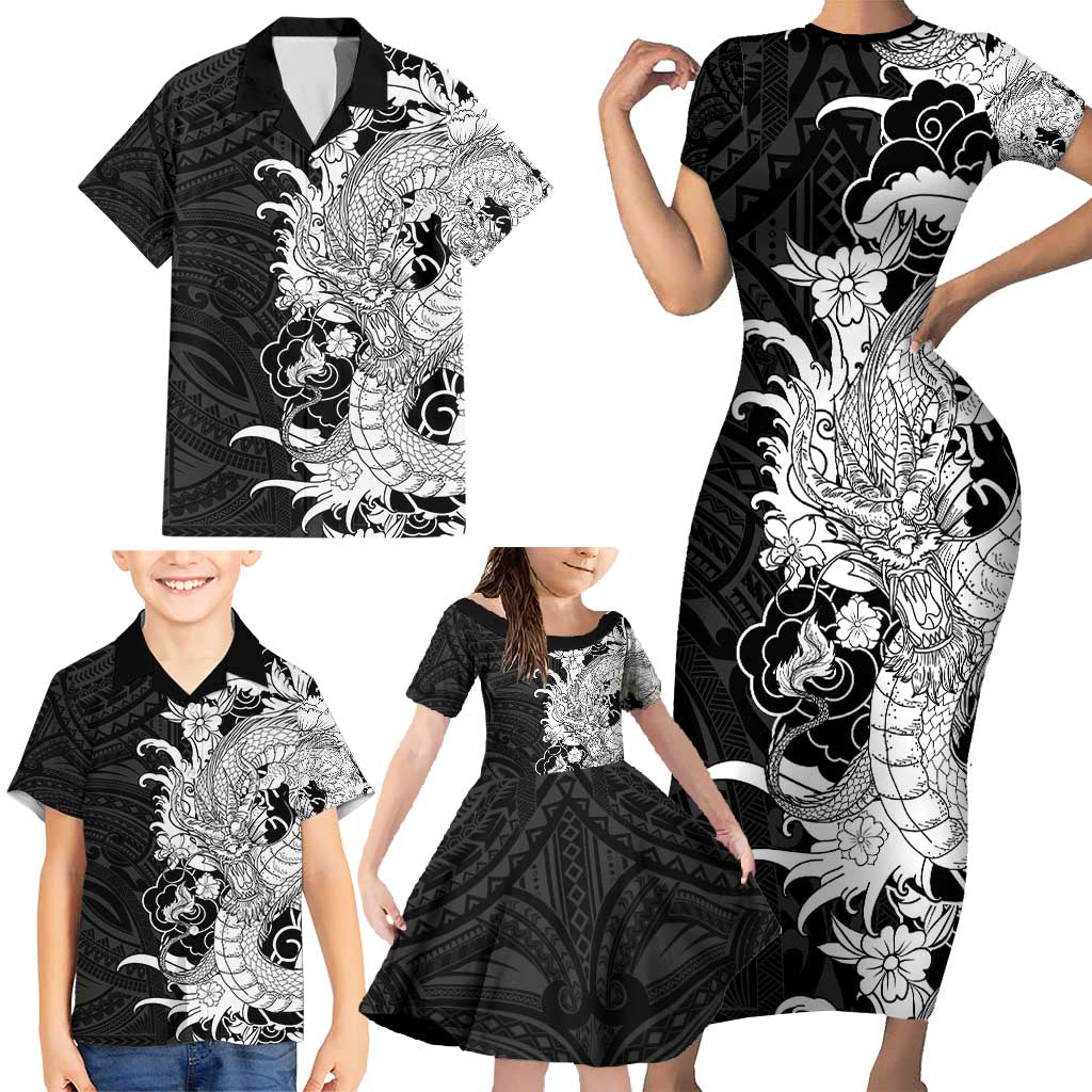 Hawaiian And Japanese Culture Family Matching Short Sleeve Bodycon Dress and Hawaiian Shirt Irezumi Dragon With Polynesian Pattern Black - Polynesian Pride
