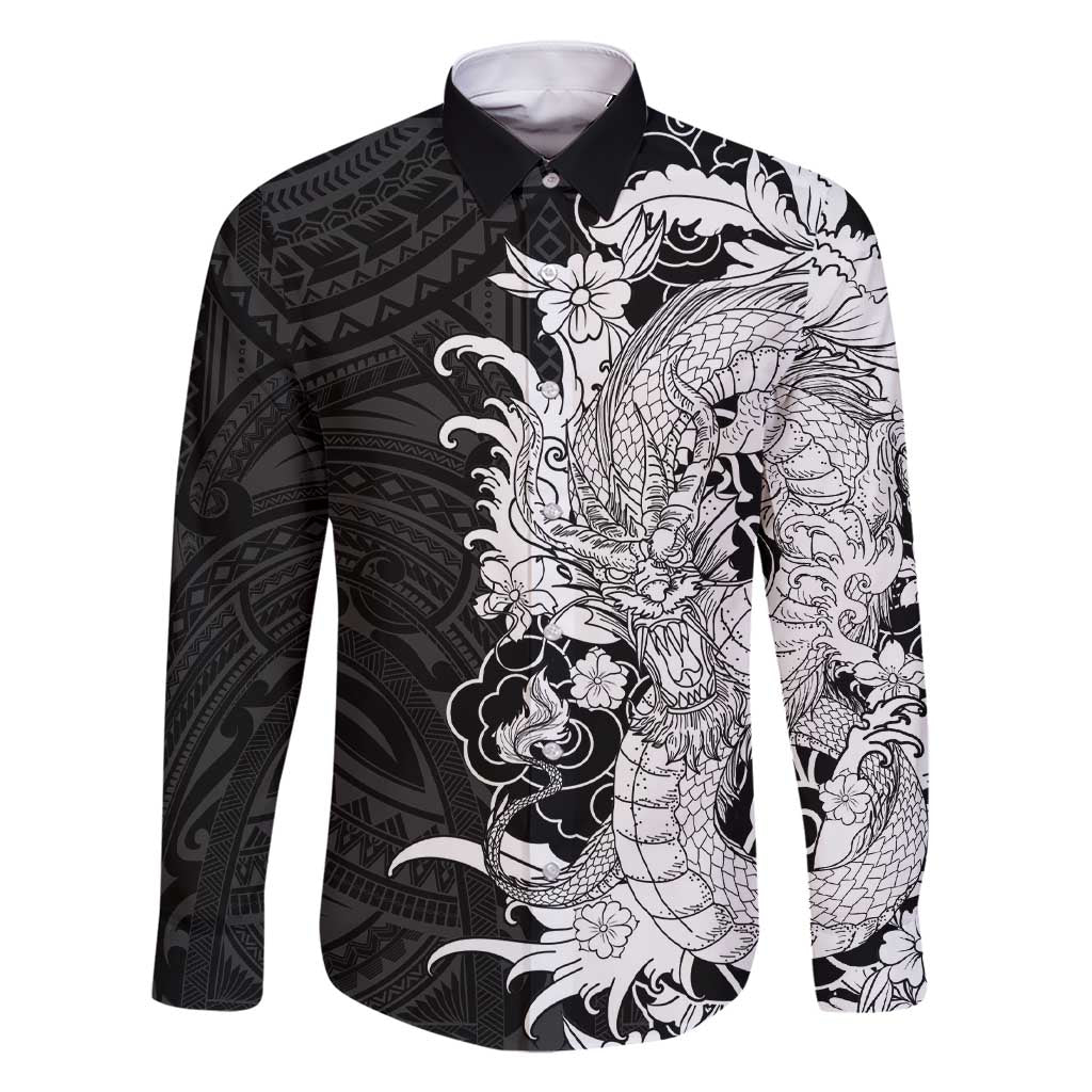 Hawaiian And Japanese Culture Family Matching Short Sleeve Bodycon Dress and Hawaiian Shirt Irezumi Dragon With Polynesian Pattern Black - Polynesian Pride