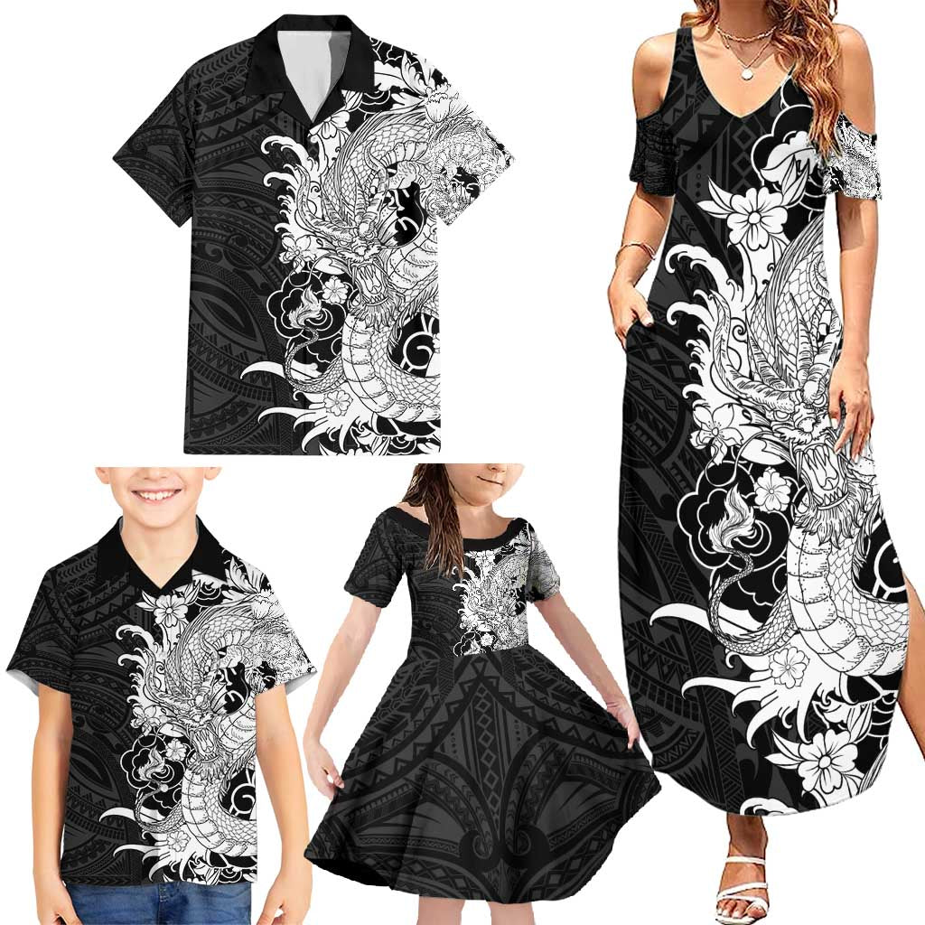 Hawaiian And Japanese Culture Family Matching Summer Maxi Dress and Hawaiian Shirt Irezumi Dragon With Polynesian Pattern Black - Polynesian Pride