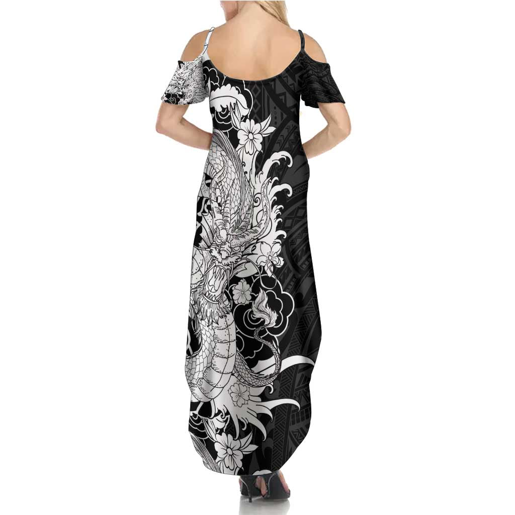 Hawaiian And Japanese Culture Family Matching Summer Maxi Dress and Hawaiian Shirt Irezumi Dragon With Polynesian Pattern Black - Polynesian Pride