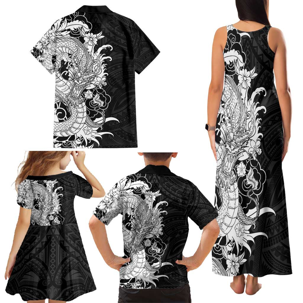 Hawaiian And Japanese Culture Family Matching Tank Maxi Dress and Hawaiian Shirt Irezumi Dragon With Polynesian Pattern Black - Polynesian Pride