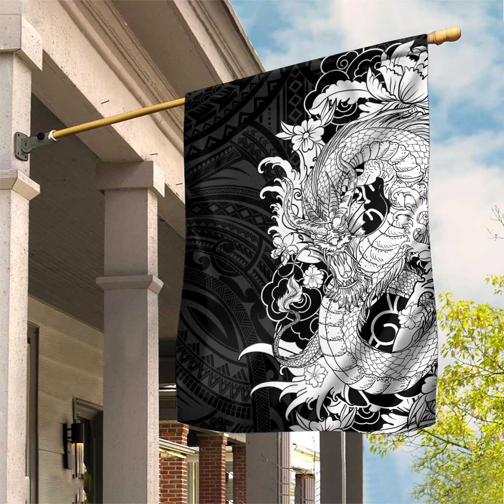Hawaiian And Japanese Culture Garden Flag Irezumi Dragon With Polynesian Pattern Black - Polynesian Pride