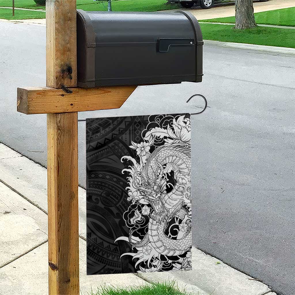 Hawaiian And Japanese Culture Garden Flag Irezumi Dragon With Polynesian Pattern Black - Polynesian Pride