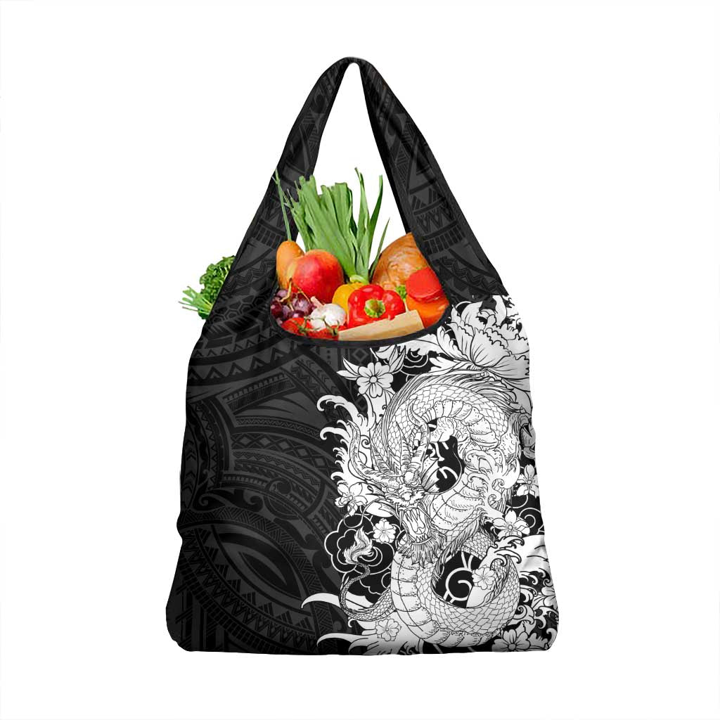 Hawaiian And Japanese Culture Grocery Bag Irezumi Dragon With Polynesian Pattern Black - Polynesian Pride