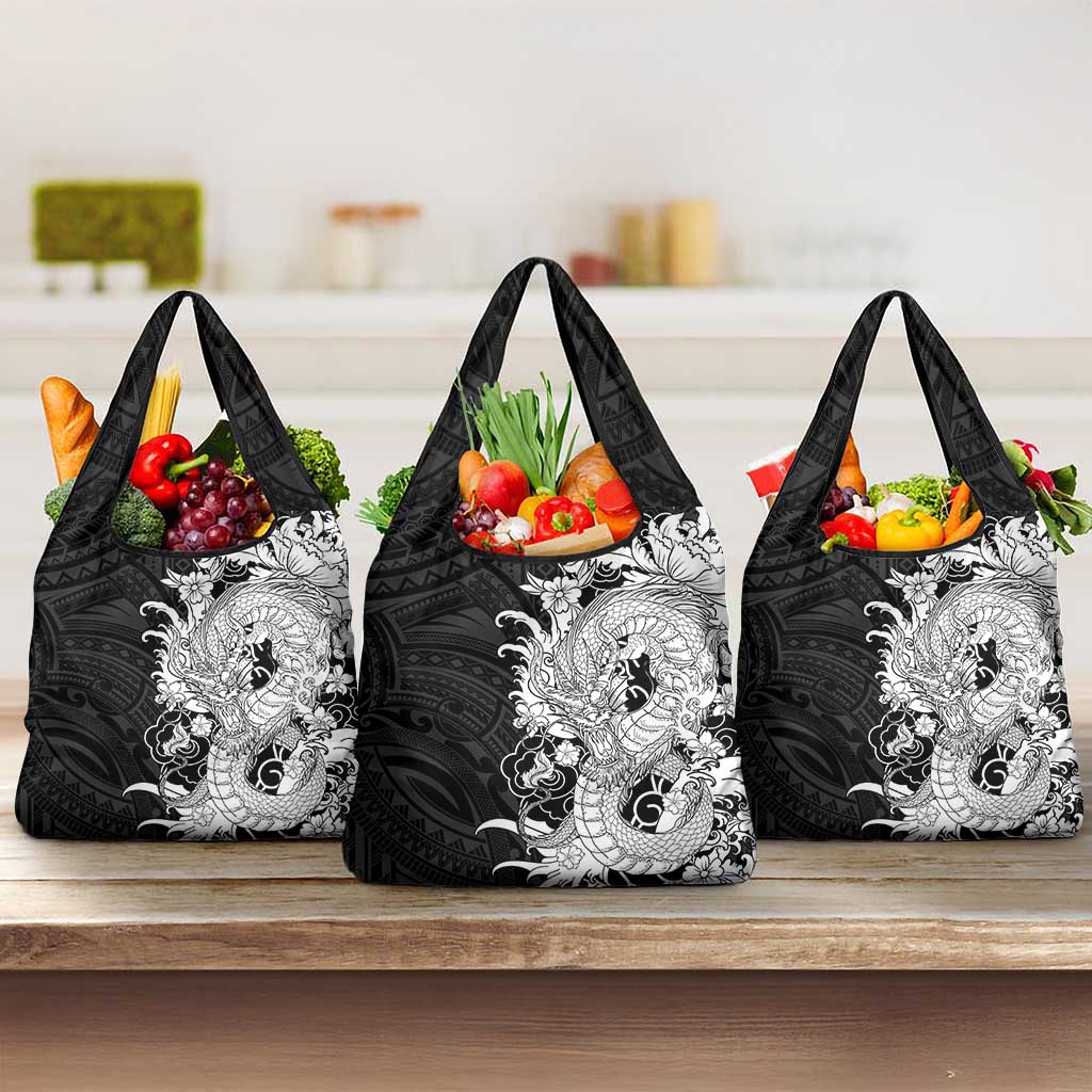 Hawaiian And Japanese Culture Grocery Bag Irezumi Dragon With Polynesian Pattern Black - Polynesian Pride