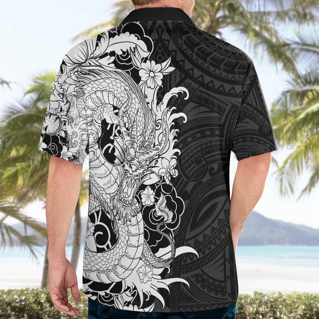 Hawaiian And Japanese Culture Hawaiian Shirt Irezumi Dragon With Polynesian Pattern Black - Polynesian Pride
