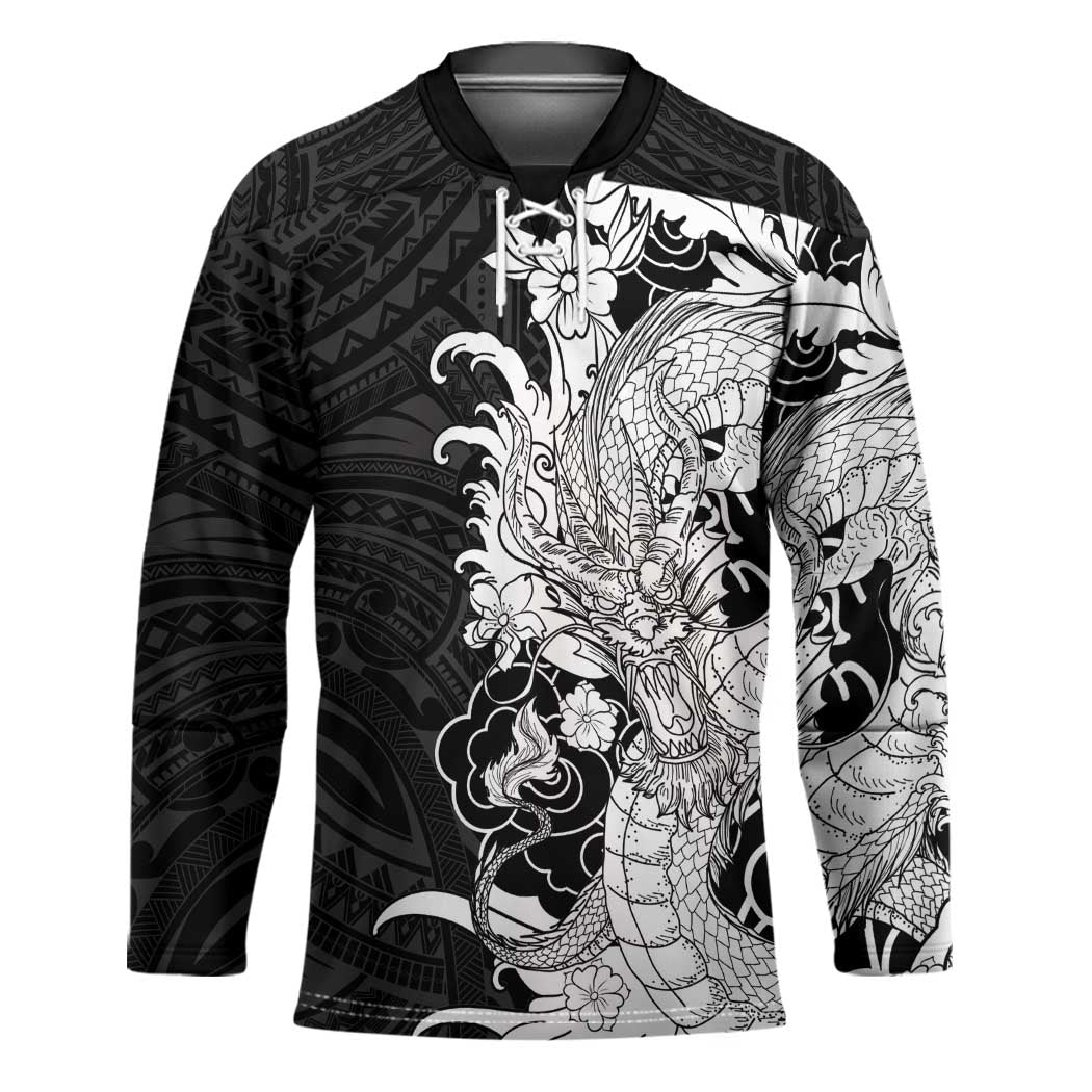 Hawaiian And Japanese Culture Hockey Jersey Irezumi Dragon With Polynesian Pattern Black - Polynesian Pride
