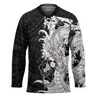 Hawaiian And Japanese Culture Hockey Jersey Irezumi Dragon With Polynesian Pattern Black - Polynesian Pride