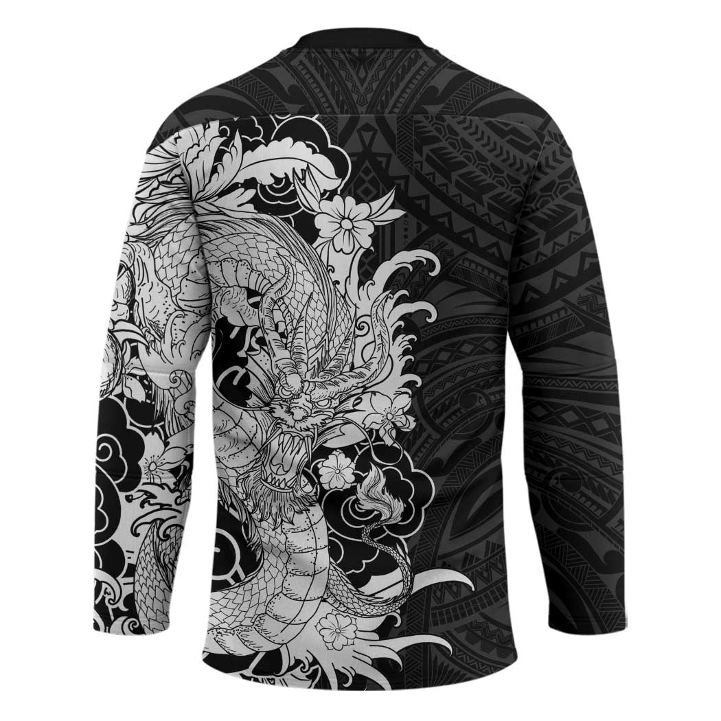 Hawaiian And Japanese Culture Hockey Jersey Irezumi Dragon With Polynesian Pattern Black - Polynesian Pride