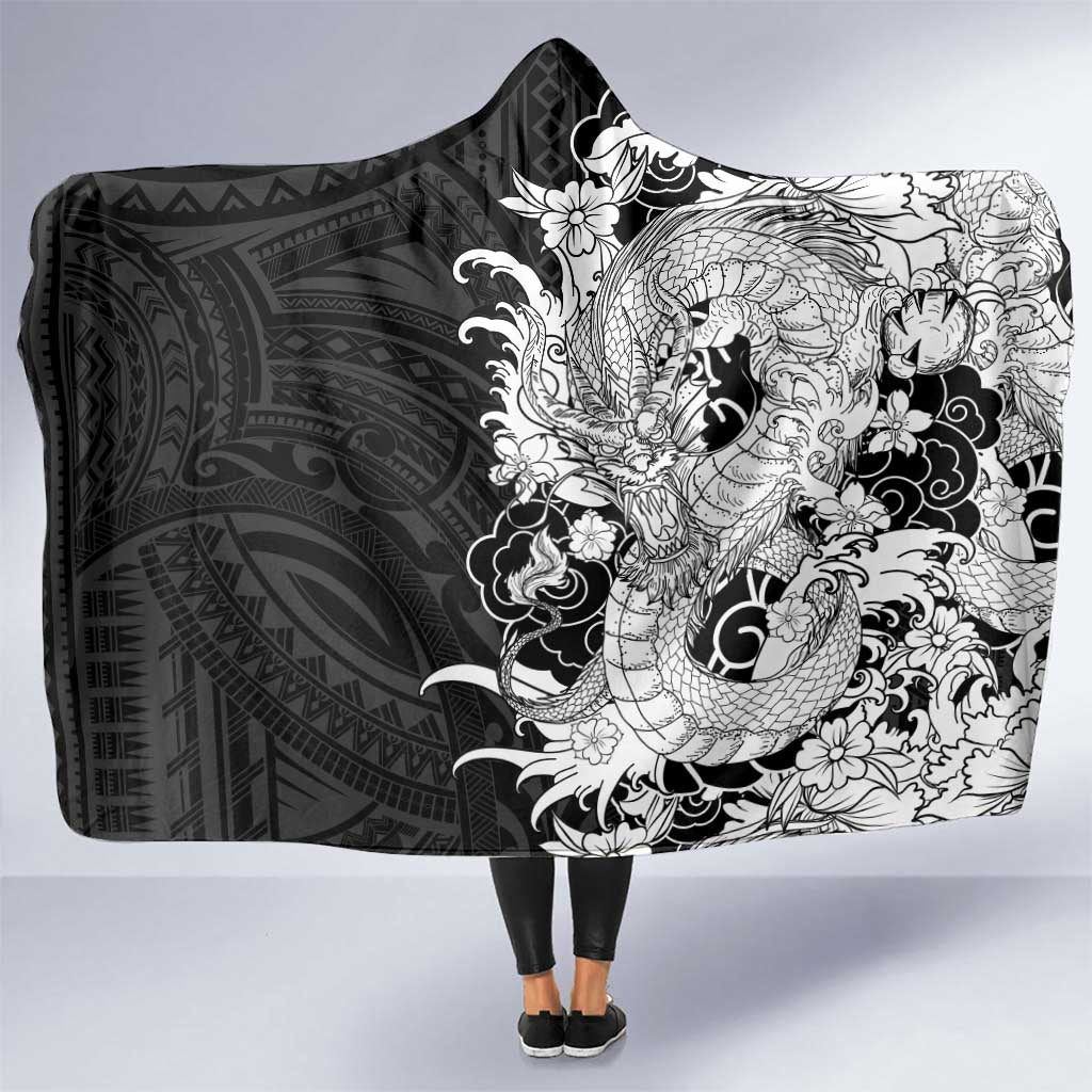 Hawaiian And Japanese Culture Hooded Blanket Irezumi Dragon With Polynesian Pattern Black - Polynesian Pride