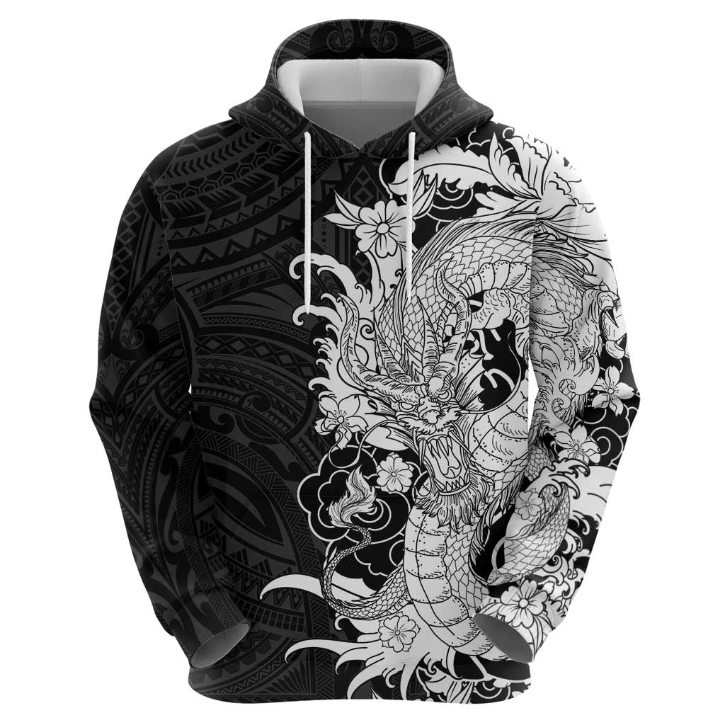 Hawaiian And Japanese Culture Hoodie Irezumi Dragon With Polynesian Pattern Black - Polynesian Pride