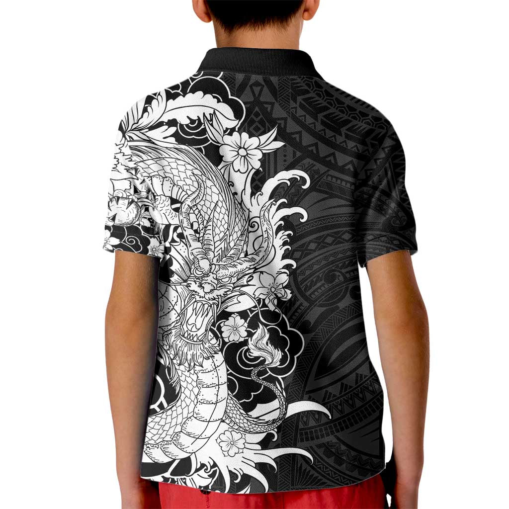 Hawaiian And Japanese Culture Kid Polo Shirt Irezumi Dragon With Polynesian Pattern Black - Polynesian Pride