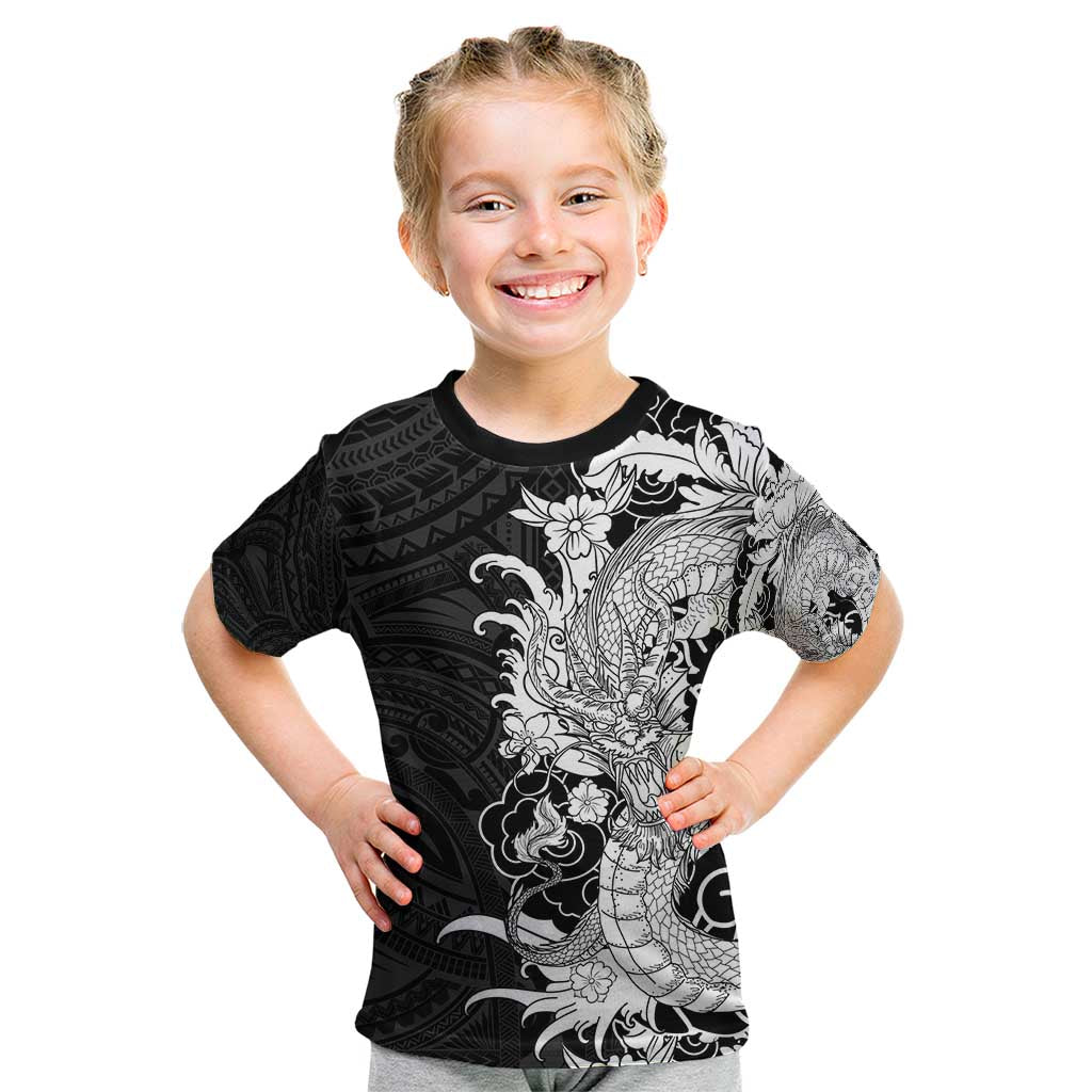 Hawaiian And Japanese Culture Kid T Shirt Irezumi Dragon With Polynesian Pattern Black - Polynesian Pride