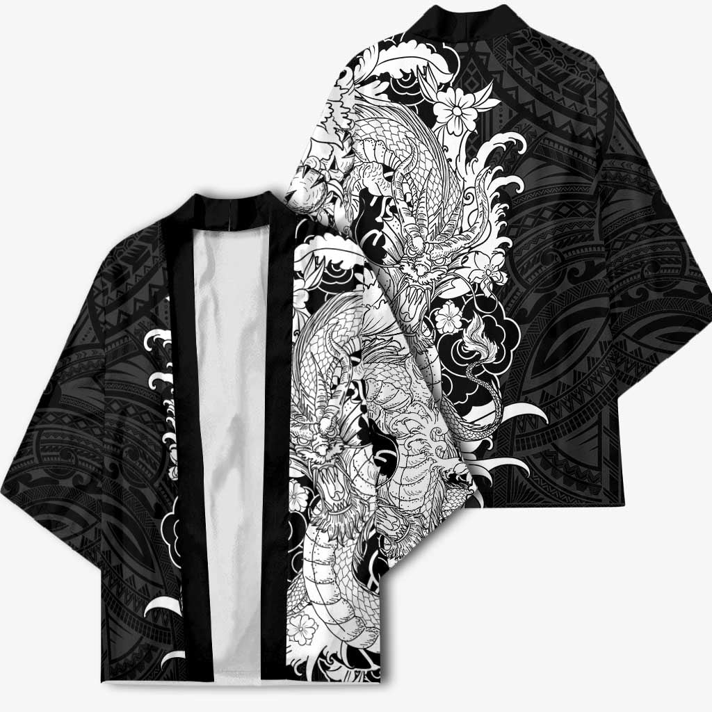 Hawaiian And Japanese Culture Kimono Irezumi Dragon With Polynesian Pattern Black - Polynesian Pride