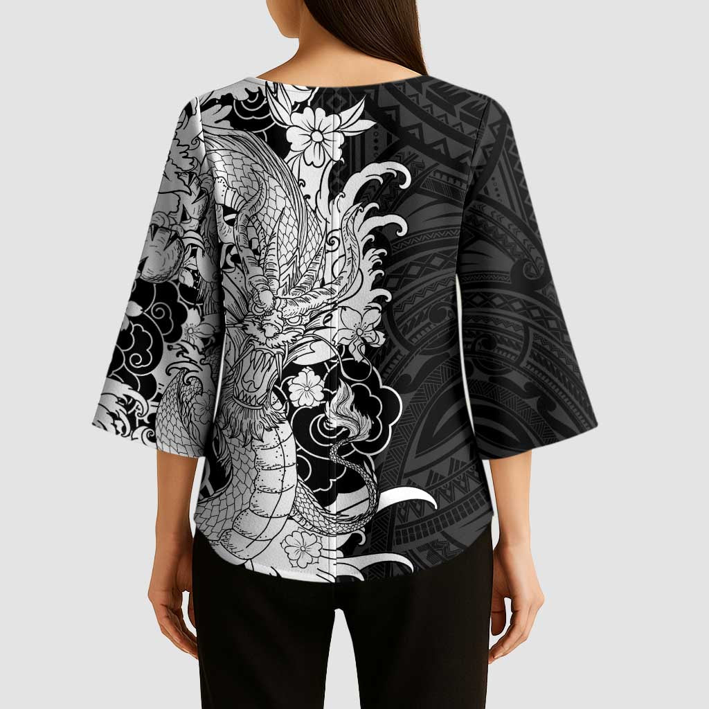 Hawaiian And Japanese Culture Kimono Sleeve Blouse Irezumi Dragon With Polynesian Pattern Black - Polynesian Pride
