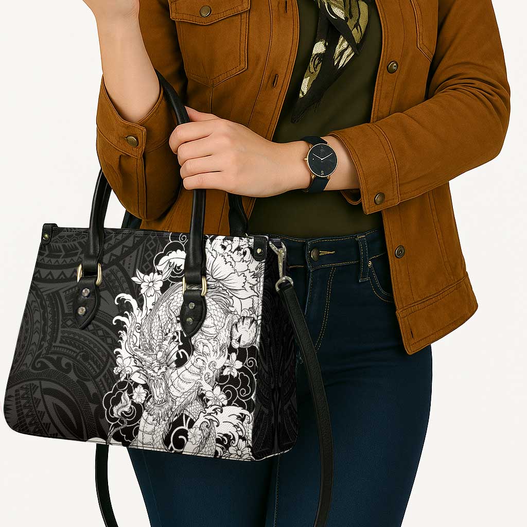 Hawaiian And Japanese Culture Leather Bag Irezumi Dragon With Polynesian Pattern Black - Polynesian Pride