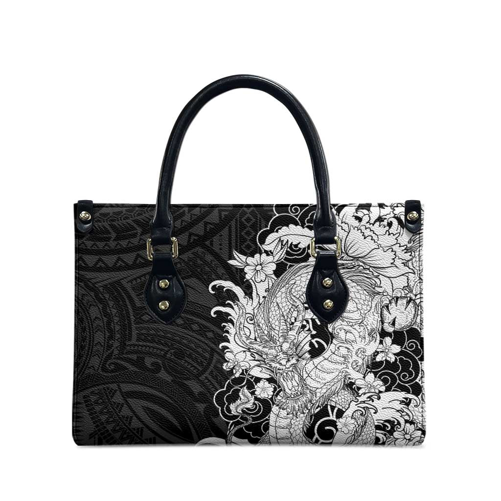 Hawaiian And Japanese Culture Leather Bag Irezumi Dragon With Polynesian Pattern Black - Polynesian Pride
