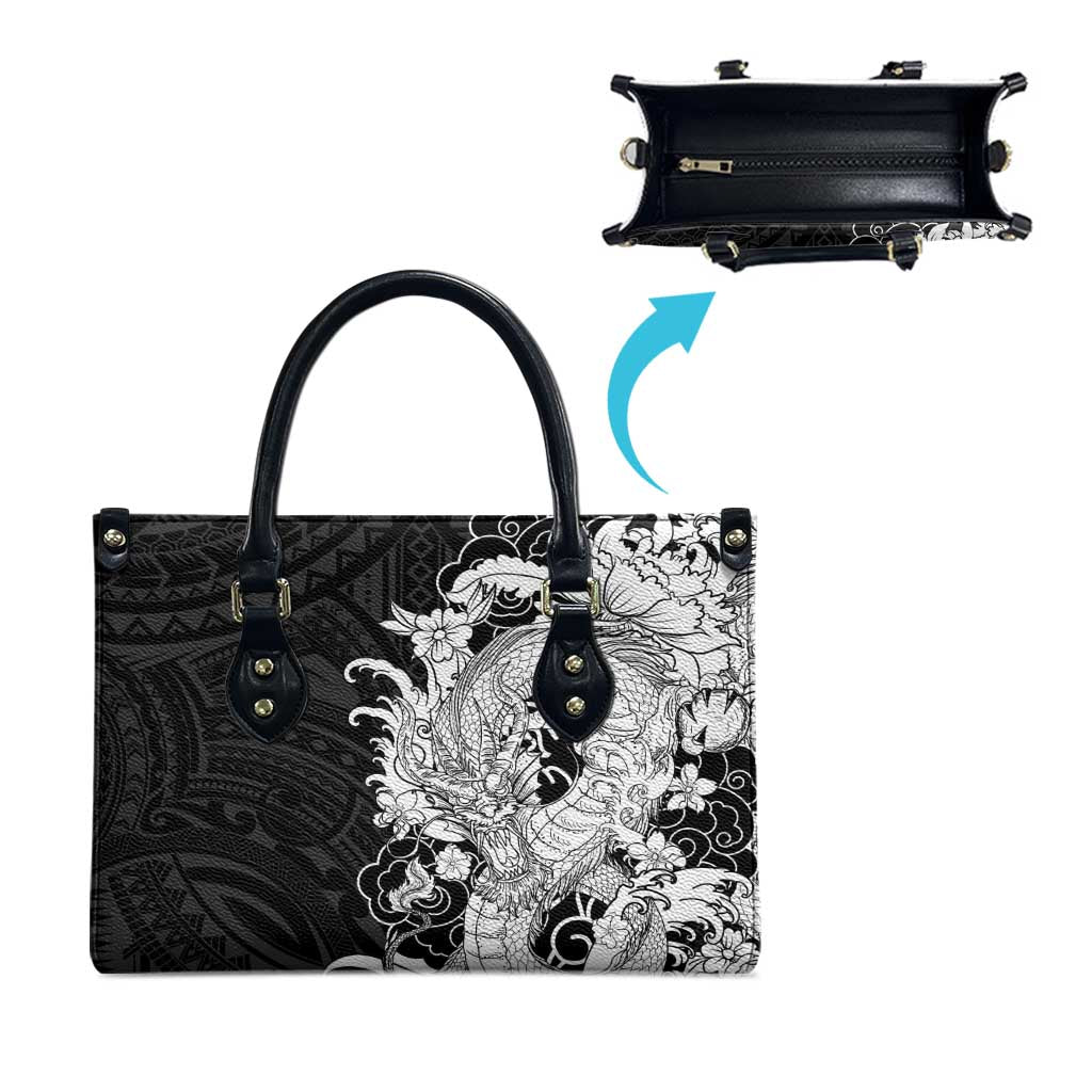 Hawaiian And Japanese Culture Leather Bag Irezumi Dragon With Polynesian Pattern Black - Polynesian Pride