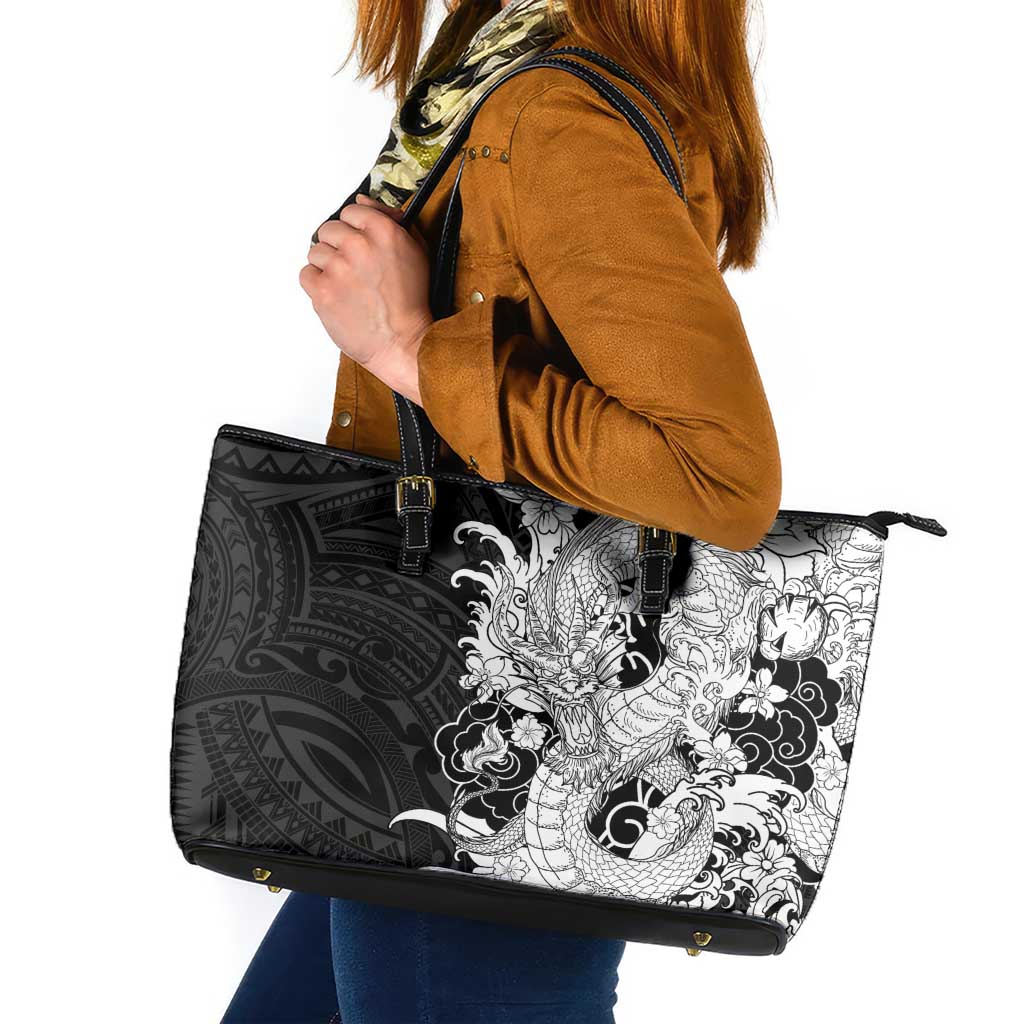 Hawaiian And Japanese Culture Leather Tote Bag Irezumi Dragon With Polynesian Pattern Black - Polynesian Pride