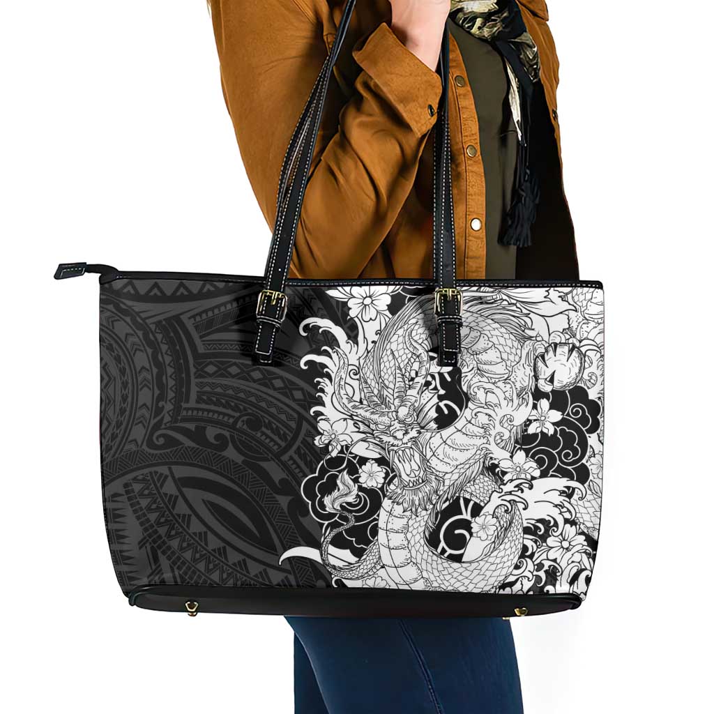 Hawaiian And Japanese Culture Leather Tote Bag Irezumi Dragon With Polynesian Pattern Black - Polynesian Pride