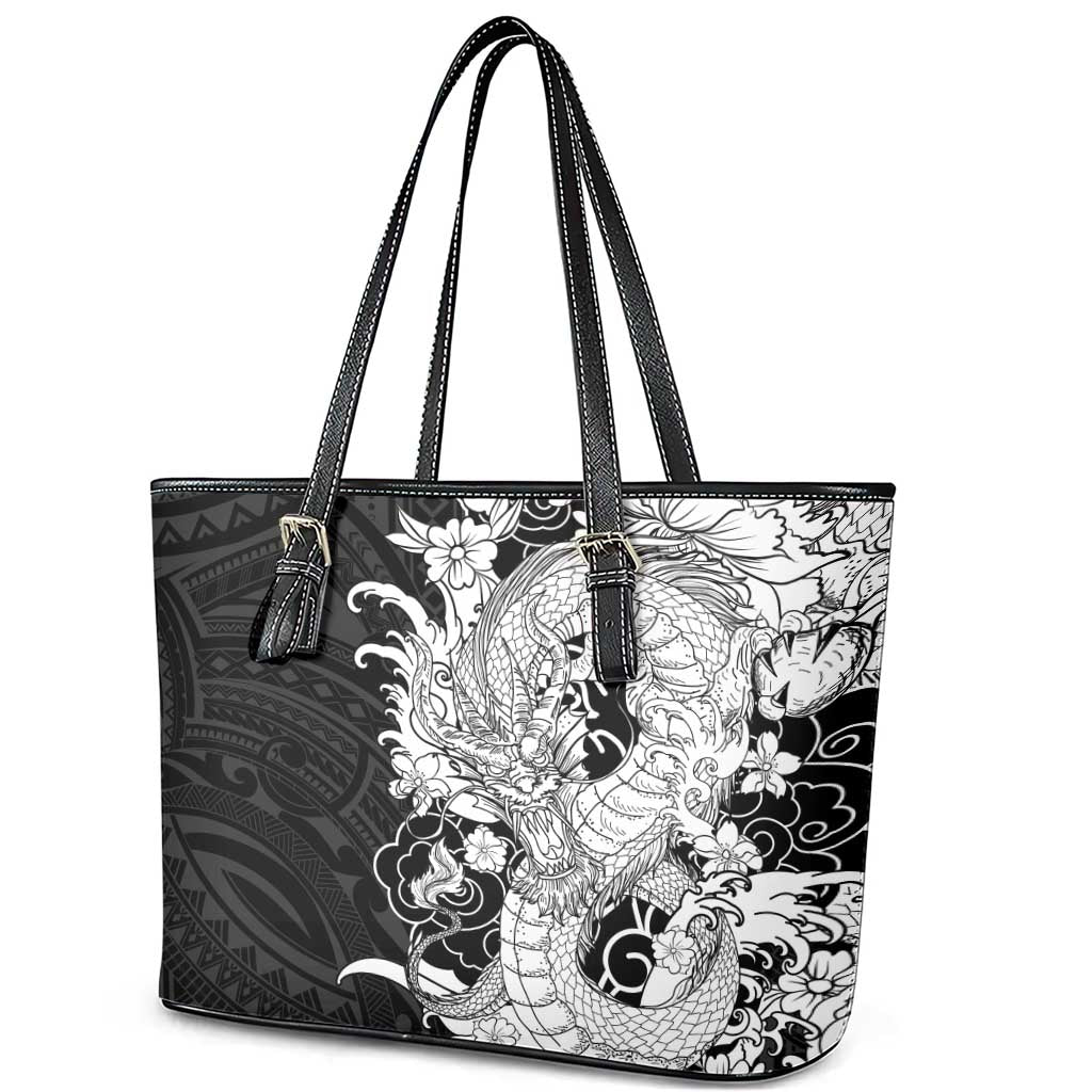 Hawaiian And Japanese Culture Leather Tote Bag Irezumi Dragon With Polynesian Pattern Black - Polynesian Pride