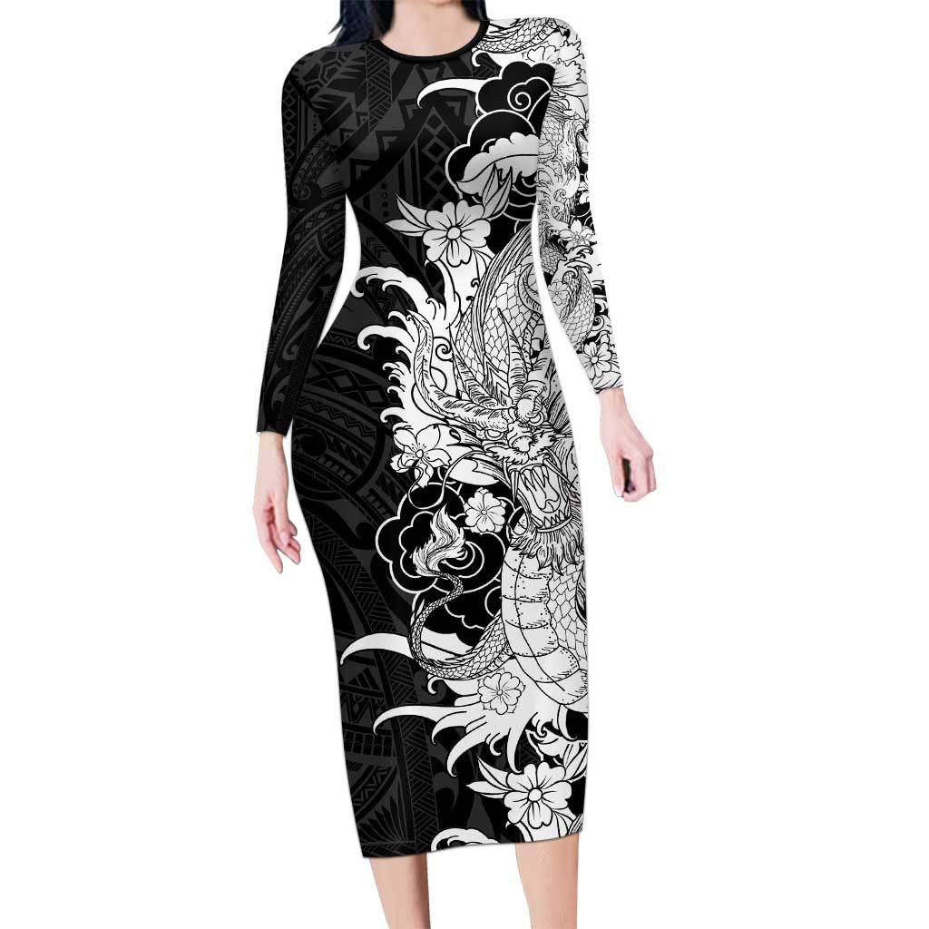 Hawaiian And Japanese Culture Long Sleeve Bodycon Dress Irezumi Dragon With Polynesian Pattern Black - Polynesian Pride