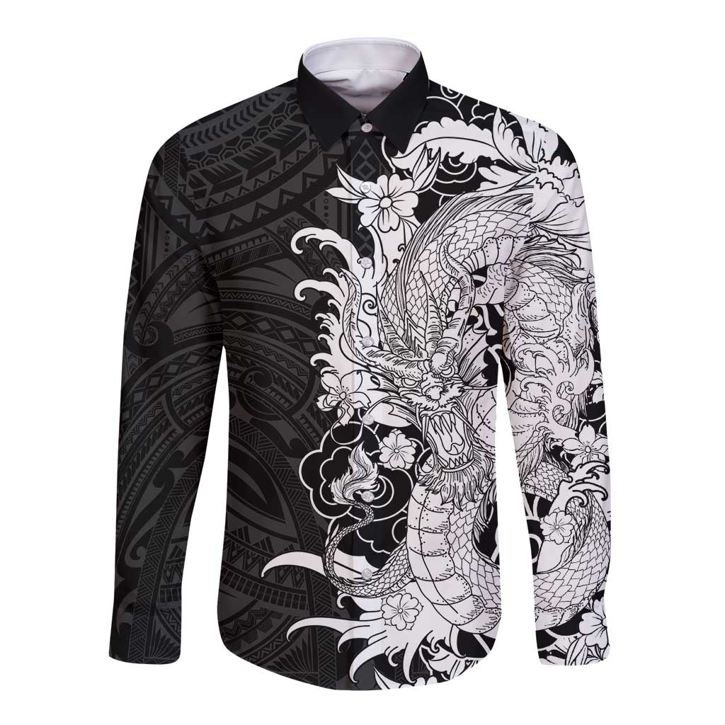 Hawaiian And Japanese Culture Long Sleeve Button Shirt Irezumi Dragon With Polynesian Pattern Black - Polynesian Pride