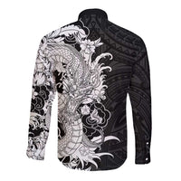Hawaiian And Japanese Culture Long Sleeve Button Shirt Irezumi Dragon With Polynesian Pattern Black - Polynesian Pride