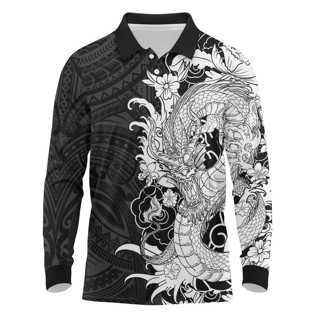 Hawaiian And Japanese Culture Long Sleeve Polo Shirt Irezumi Dragon With Polynesian Pattern Black - Polynesian Pride