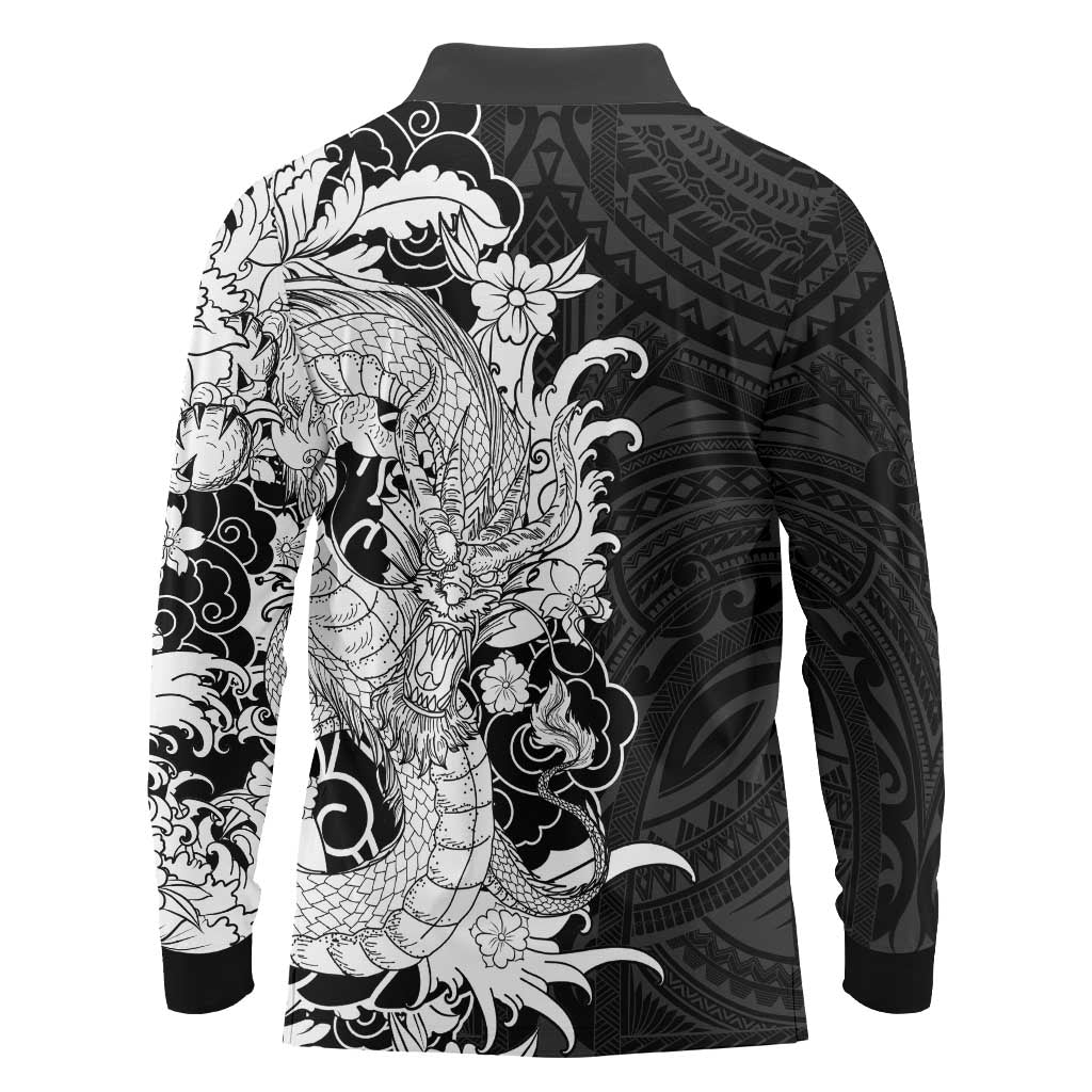 Hawaiian And Japanese Culture Long Sleeve Polo Shirt Irezumi Dragon With Polynesian Pattern Black - Polynesian Pride
