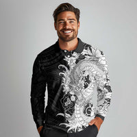 Hawaiian And Japanese Culture Long Sleeve Polo Shirt Irezumi Dragon With Polynesian Pattern Black - Polynesian Pride