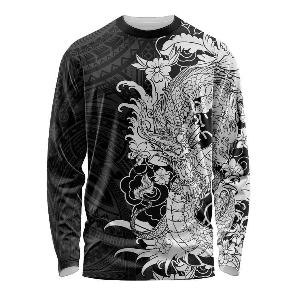 Hawaiian And Japanese Culture Long Sleeve Shirt Irezumi Dragon With Polynesian Pattern Black - Polynesian Pride