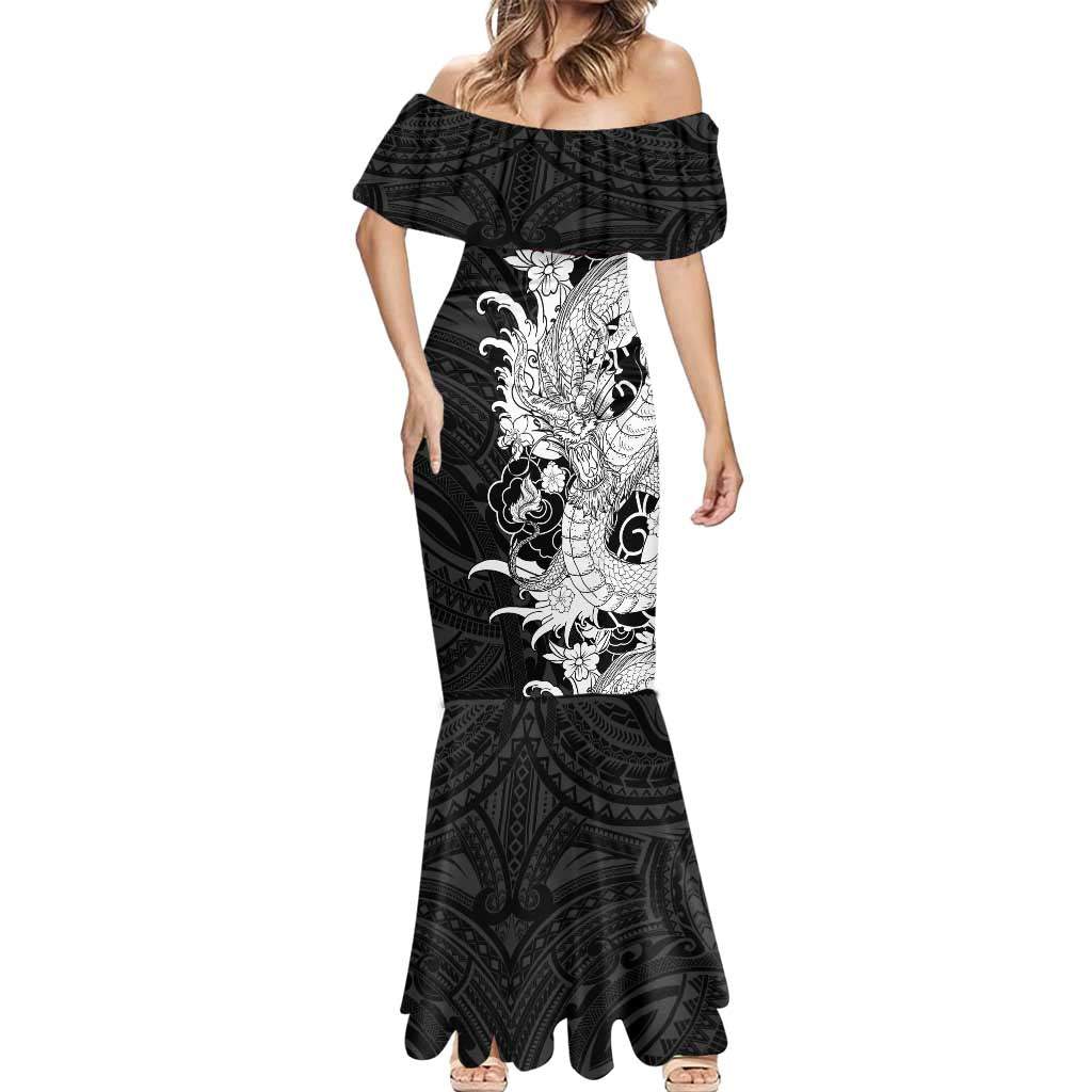 Hawaiian And Japanese Culture Mermaid Dress Irezumi Dragon With Polynesian Pattern Black - Polynesian Pride