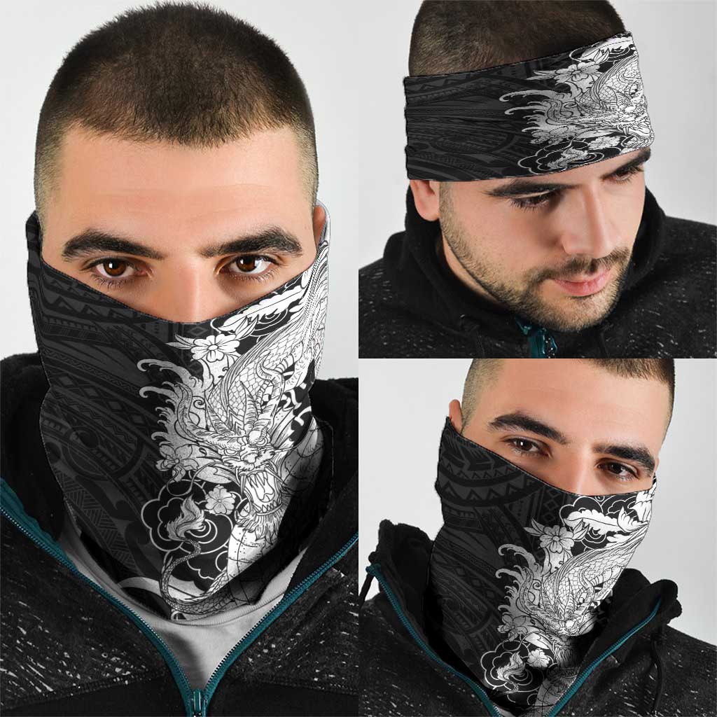 Hawaiian And Japanese Culture Neck Gaiter Irezumi Dragon With Polynesian Pattern Black - Polynesian Pride